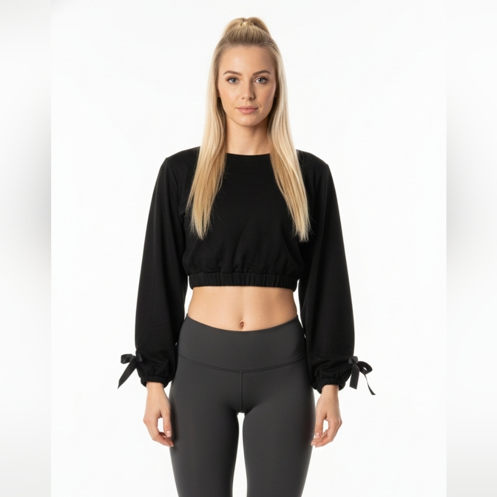 Ever Hottie Women's Black Longsleeve Crop Top With Bow Detail At Sleeves NWOT